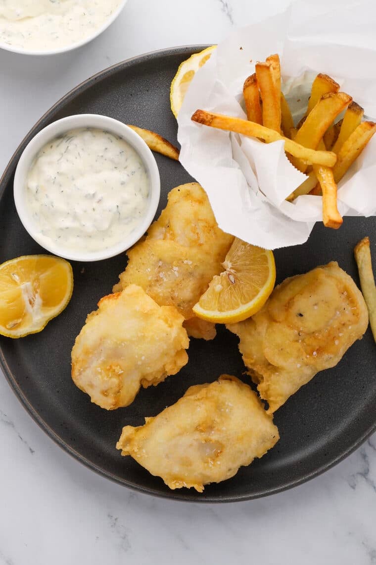 close-up of tempura fish and chips on a plate